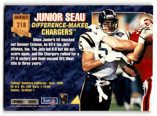 Vintage Junior Seau football trading card from the Pinnacle Club Collection Chargers