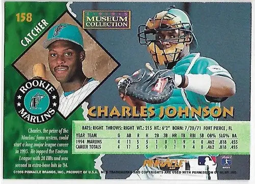 Original gloss 1995 Pinnacle Museum Collection Charles Johnson baseball card in NM-MT condition
