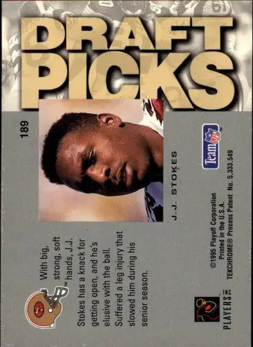 Football draft pick card featuring J.J. Stokes from 1995 Playoff Absolute sports cards