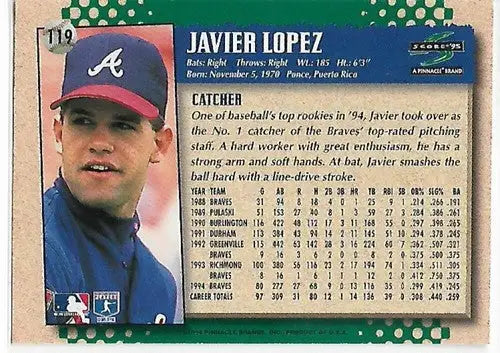 Vintage 1995 Score Javy Lopez Braves baseball card with original gloss featuring Simply Sandoval