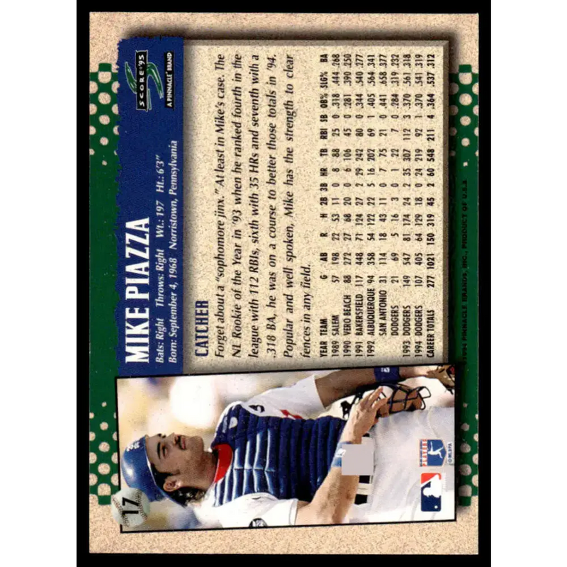 1995 Score #17 Mike Piazza EX/NM Los Angeles Dodgers Baseball Card - Baseball Card Single