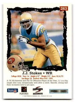 J.J. Stokes football card from 1995 Score #263, a must-have for trading cards collectors