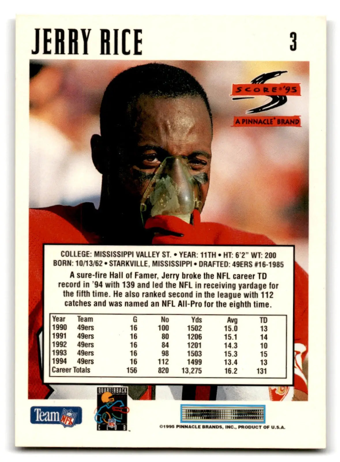 1995 Score Football Jerry Rice card with career stats featuring San Francisco 49ers