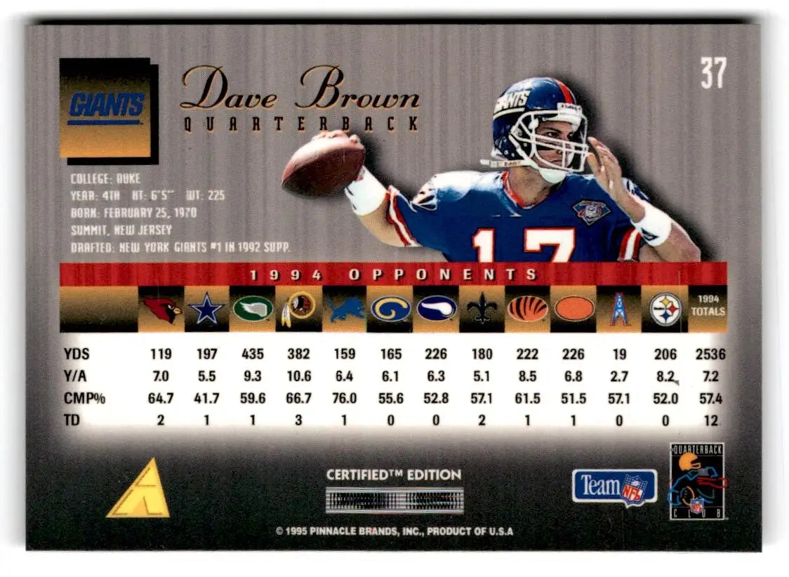 1995 Select Certified #37 Dave Brown - Football Card Single