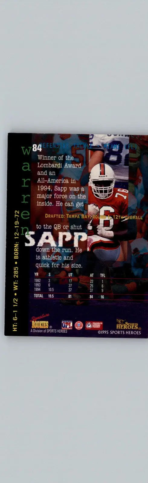 1995 Signature Rookies Fame and Fortune #84 Warren Sapp Miami Hurricanes - Football Card Single