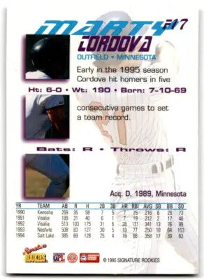 1995 Signature Rookies Marty Cordova baseball trading card Minnesota Twins #F17 text-align center