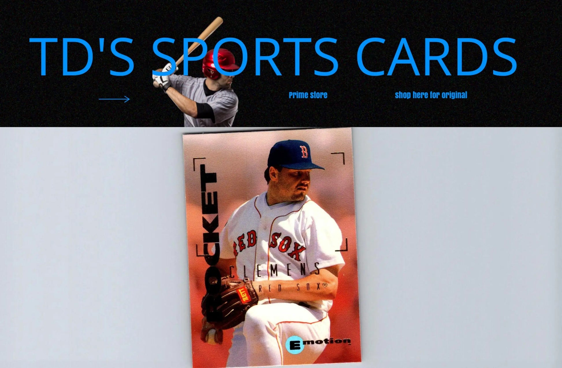 Baseball card featuring Roger Clemens in a Red Sox uniform from 1995 SkyBox E-Motion