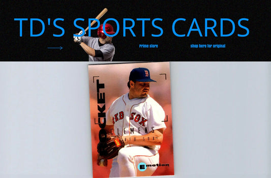 Baseball card featuring Roger Clemens in a Red Sox uniform from 1995 SkyBox E-Motion