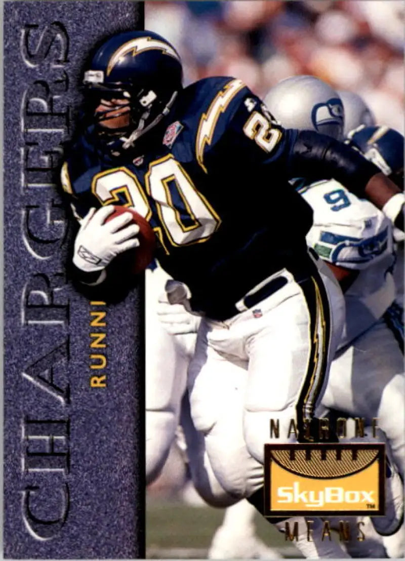 Original gloss football player in action featuring Natrone Means from 1995 SkyBox Premium