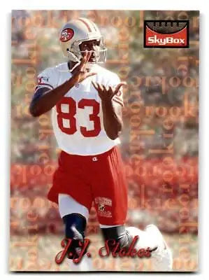 Football player in uniform on 1995 SkyBox Premium trading card of J.J. Stokes