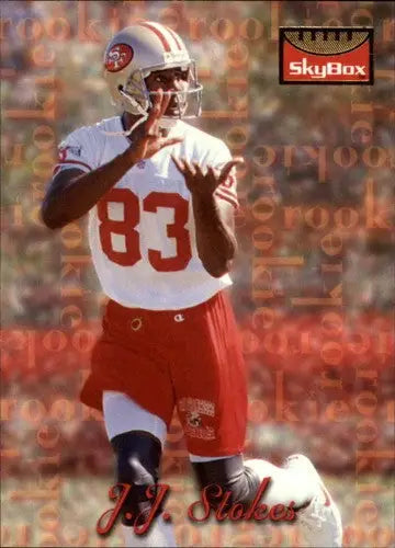 Football player in uniform from 1995 SkyBox Premium J.J. Stokes rookie card with original gloss