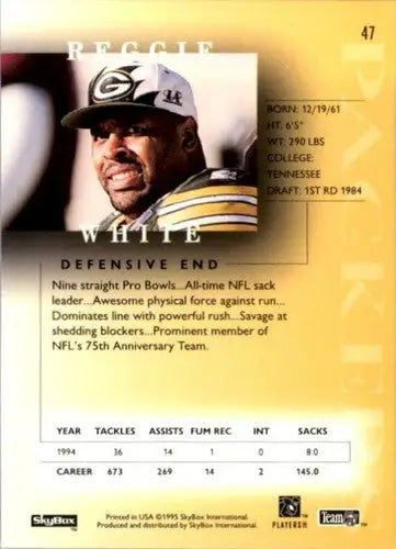 Original gloss Reggie White 1995 SkyBox Premium football card featuring Simply Sandoval style