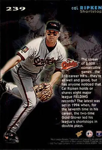 Original gloss baseball card of Cal Ripken Jr. in Orioles uniform from 1995 Stadium Club