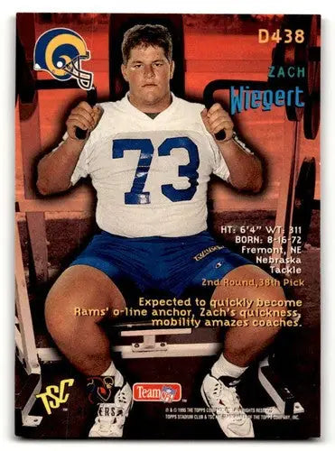 Original gloss Stadium Club football trading card featuring Zach Wiegert in a white jersey