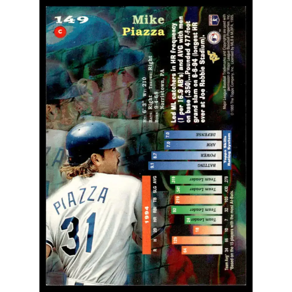 1995 Topps #149 Mike Piazza EX/NM Los Angeles Dodgers Baseball Card - Baseball Card Single