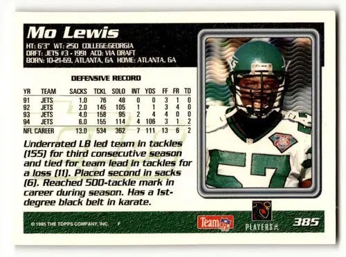 Back of a Mo Lewis 1995 Topps football card showing original gloss for New York Jets football