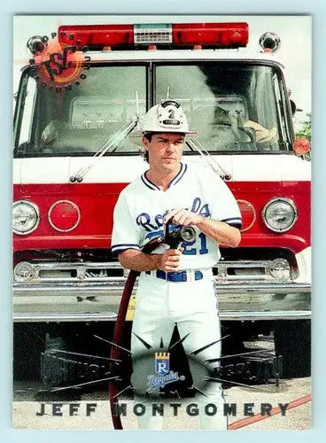 Vintage baseball card with firefighter helmet featuring Topps Stadium Club Virtual Reality