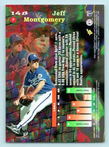Original gloss trading card of Jeff Montgomery from 1995 Topps Stadium Club Virtual Reality