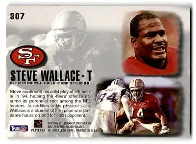 Trading card of Steve Wallace with action shots and San Francisco 49ers logo
