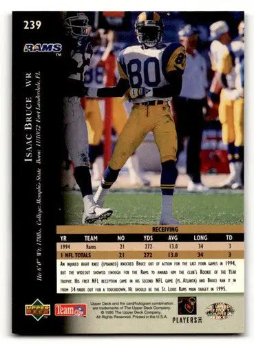 Original gloss Rams football trading card featuring Isaac Bruce from the 1995 Upper Deck series