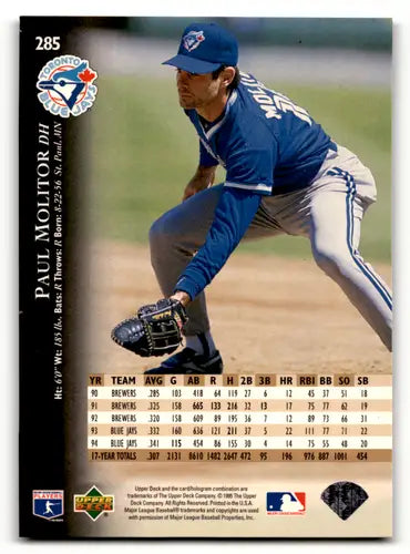 Paul Molitor baseball card from 1995 Upper Deck featuring Toronto Blue Jays player