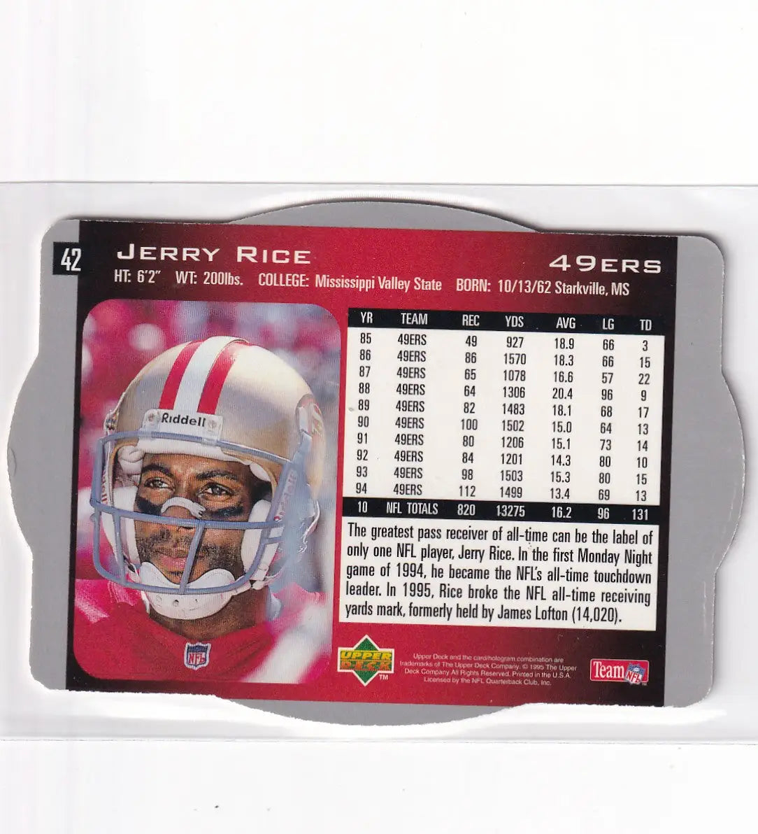 1995 UPPER DECK #42 JERRY RICE HOLOGRAM DIE CUT- SAN FRANCISCO GIANTS