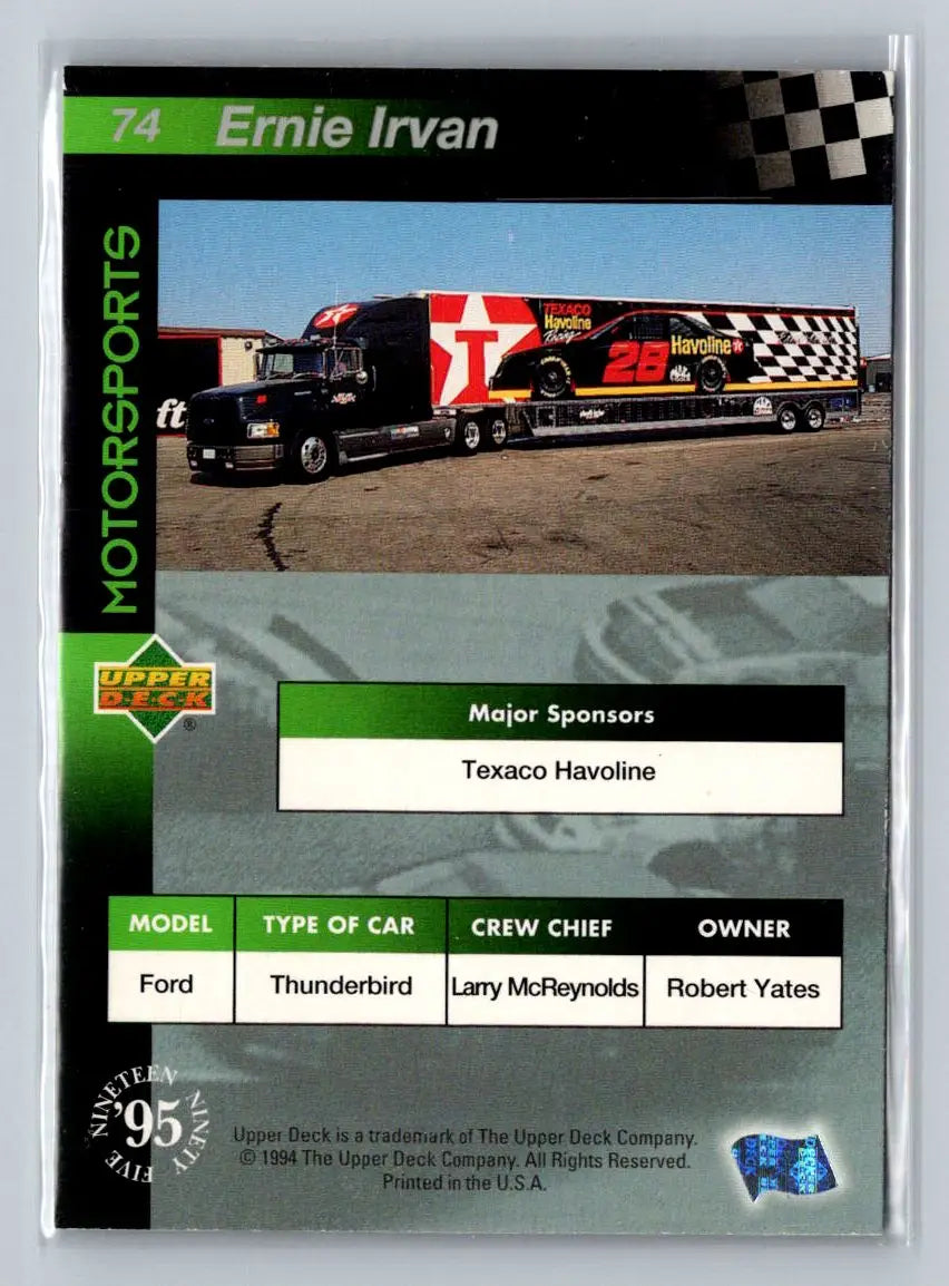 1995 Upper Deck #74 Ernie Irvan Robert Yates Racing - Racing Card Single