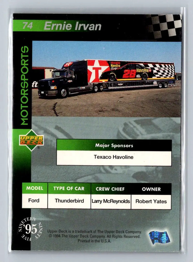 1995 Upper Deck #74 Ernie Irvan Robert Yates Racing - Racing Card Single