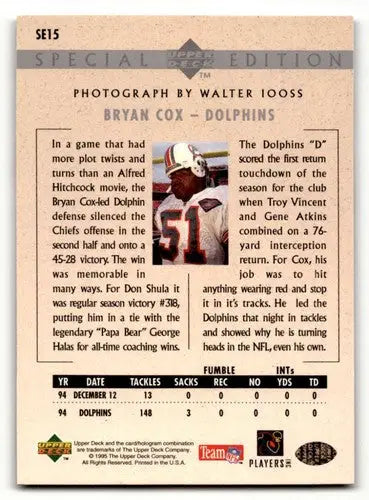 1995 Upper Deck #SE15 Bryan Cox Miami Dolphins Football Cards NM Nea ID:62881 - Football Card Single