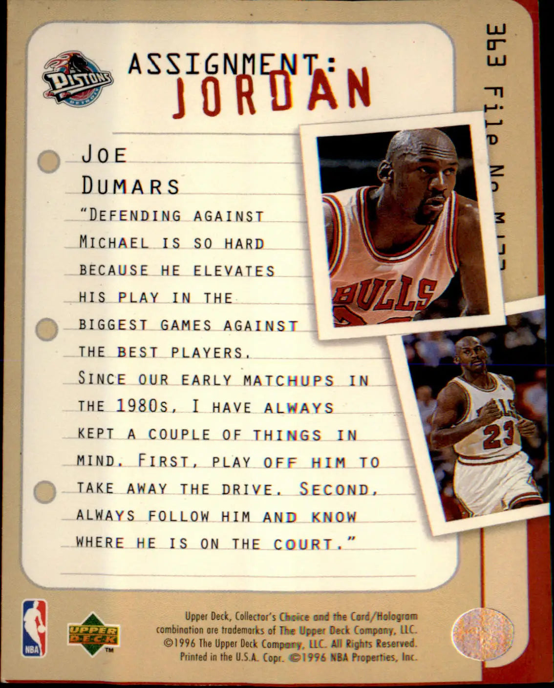 1996-97 Collector’s Choice #363 Joe Dumars ’Assignment:Jordan’ - Basketball Card Single