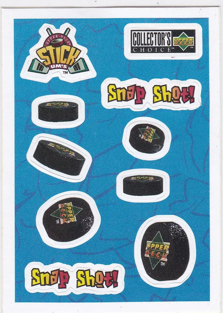 Sticker sheet with hockey pucks and Snap Shot designs from trading cards collection