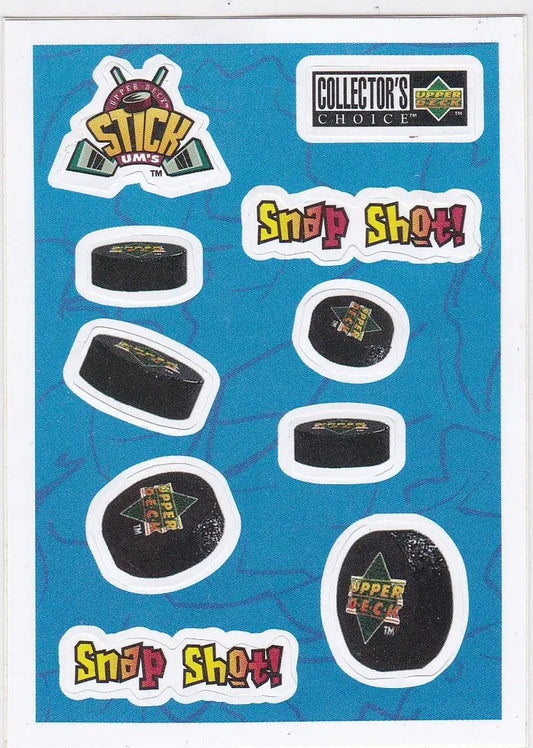 Sticker sheet with hockey pucks and Snap Shot designs from trading cards collection