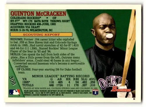 Original gloss Quinton McCracken Colorado Rockies baseball card from 1996 Bowman pack