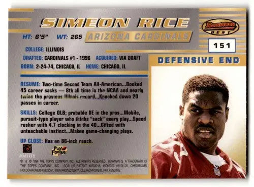 Original gloss Simeon Rice Arizona Cardinals football card from 1996 Bowman’s Best