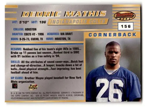 Original gloss Dedric Mathis Indianapolis Colts football card from 1996 Bowman’s Best
