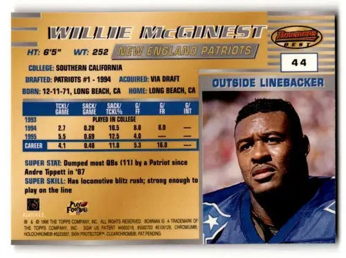 Original gloss Willie McGinest football card from Bowman’s Best 1996 Patriots product