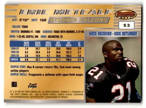 Eric Metcalf Atlanta Falcons football card from 1996 Bowman’s Best series