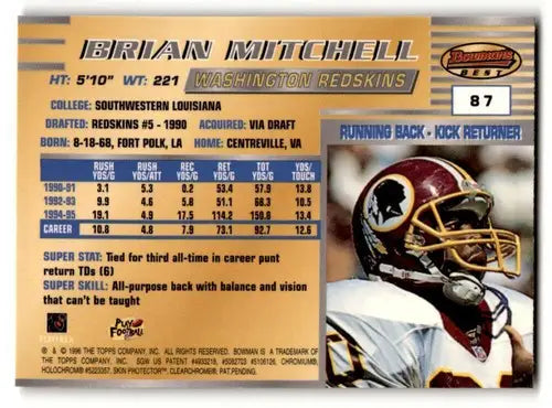 Original gloss football trading card of Brian Mitchell Washington Redskins team