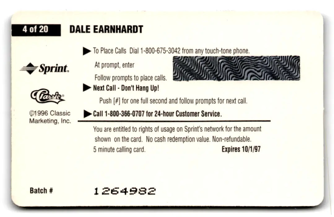 1996 Clear Assets Phone Cards $5 #4 Dale Earnhardt - Racing Card Single