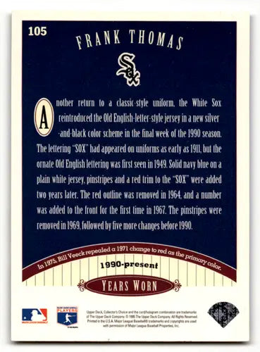 1996 Collector’s Choice Frank Thomas baseball card back with original gloss featuring White Sox