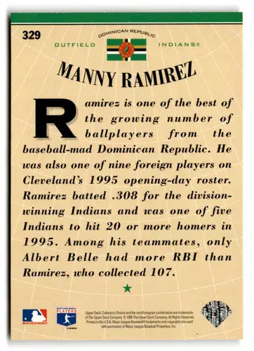 1996 Collector’s Choice #329 Manny Ramirez NM-MT Indians IF ID:81540 - Baseball Card Single