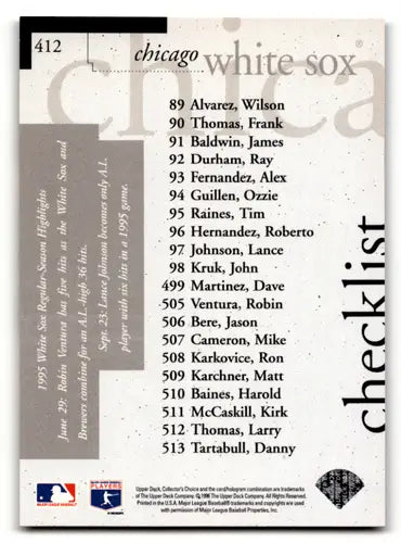 Baseball card checklist featuring Frank Thomas and Simply Sandoval on vintage 1996 Collector’s Choice card