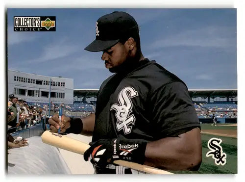 Original gloss baseball card of Frank Thomas signing a bat from 1996 Collector’s Choice