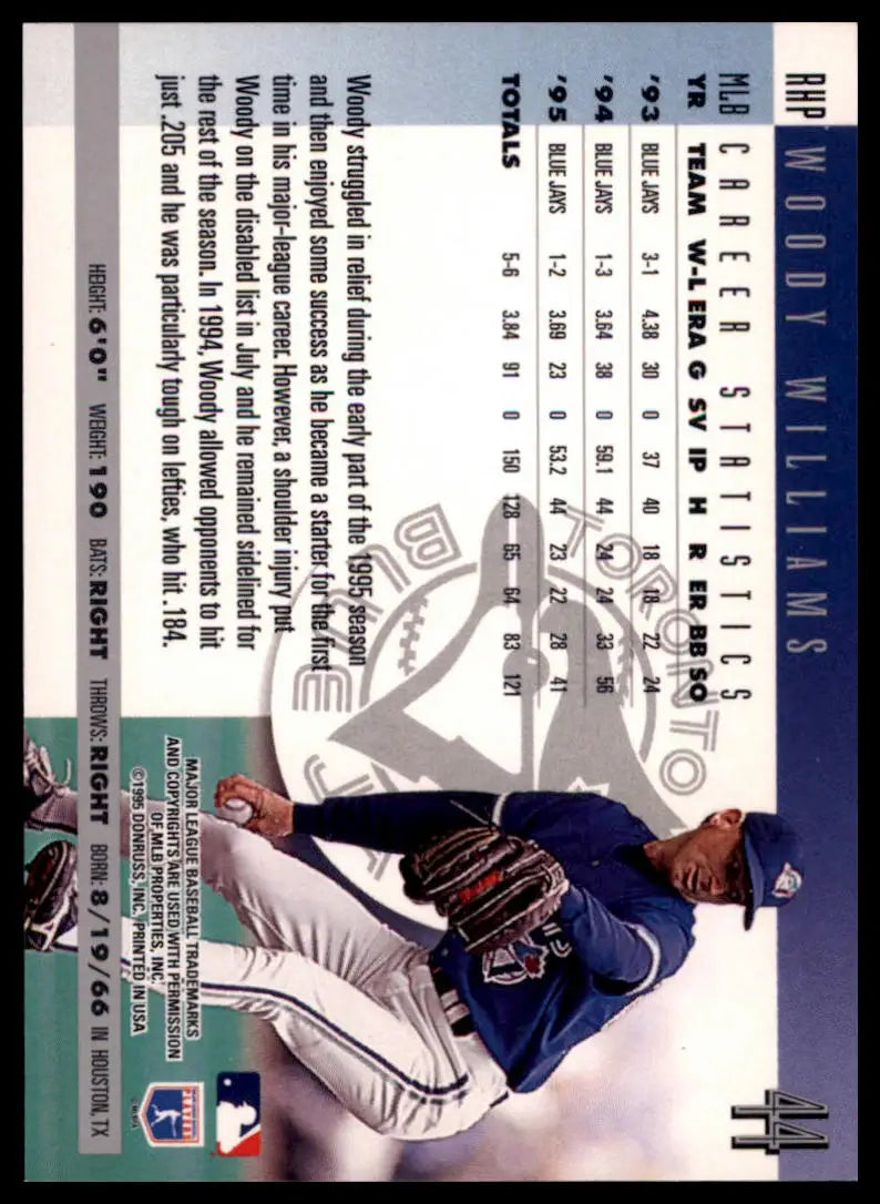 1996 Donruss Woody Williams 44 Toronto Blue Jays NM - Baseball Card Single