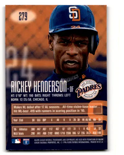 Original gloss Rickey Henderson baseball card from 1996 E-Motion XL featuring Rickey Henderson and Simply Sandoval