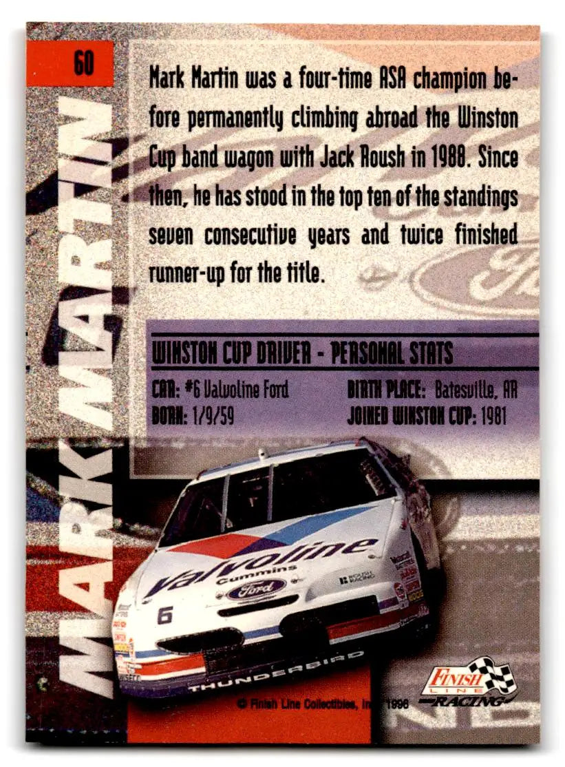 1996 Finish Line #60 Mark Martin - Racing Card Single