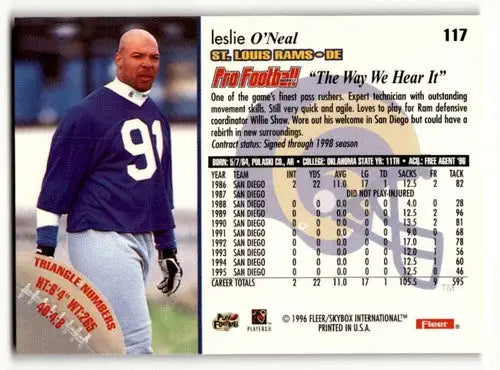 Leslie O’Neal Rams football card from 1996 Fleer #117 with original gloss, St. Louis Rams football collectible