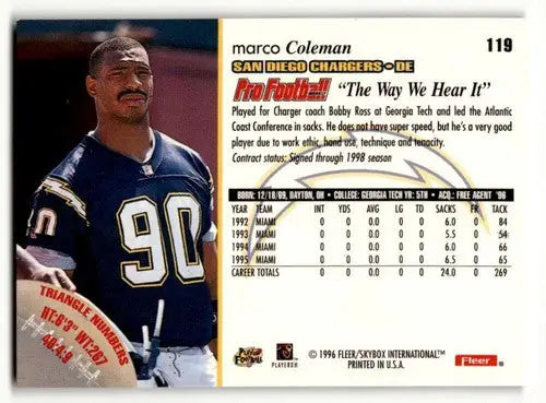 Original gloss Marco Coleman San Diego Chargers football card 1996 Fleer #119