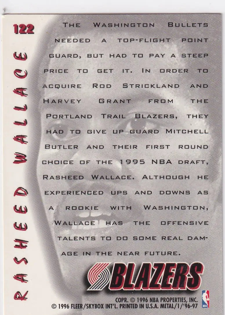 1996 FLEER #122 RASHEED WALLACE ON THE MOVE- POTLAND TRAIL BLAZZERS - Basketball Card Single