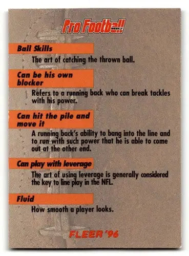 Football card back showing original gloss from 1996 Fleer #198 Checklist CL football cards